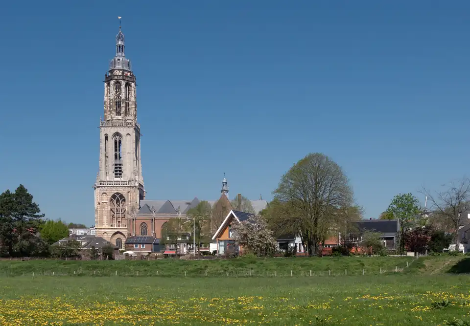 Cuneratoren en bebouwing achter de groene uiterwaard in Rhenen